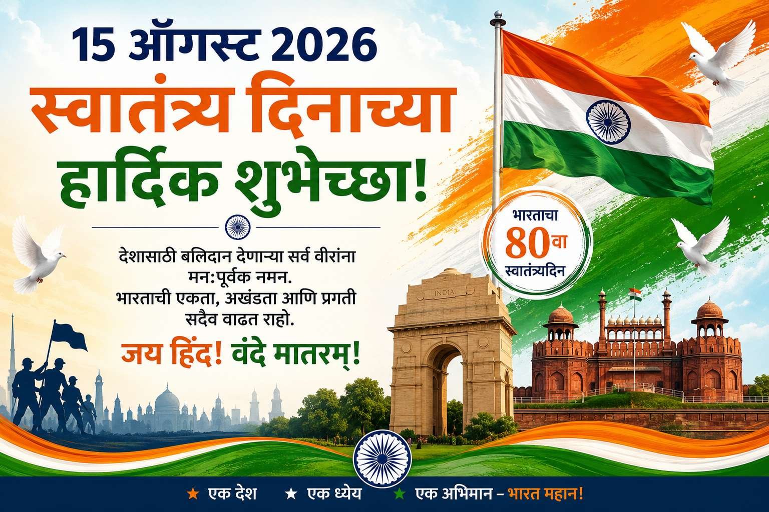 15 ऑगस्ट स्वातंत्र्य दिनाच्या शुभेच्छा 2026 मराठी